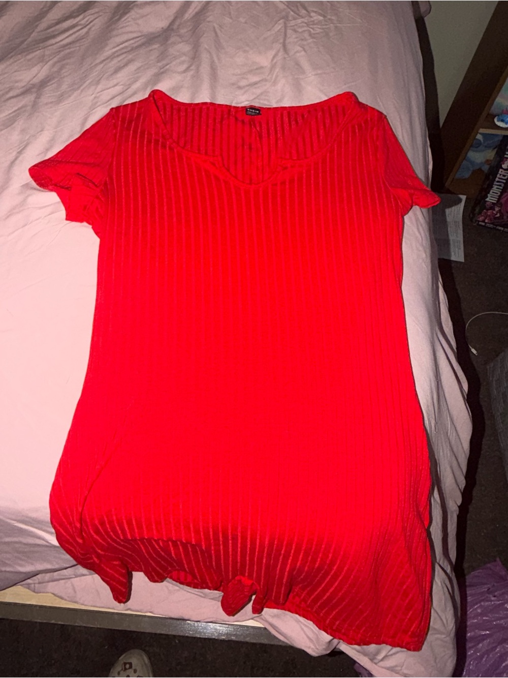 SHEIN Red Ribbed V-Neck Short Sleeve Tunic